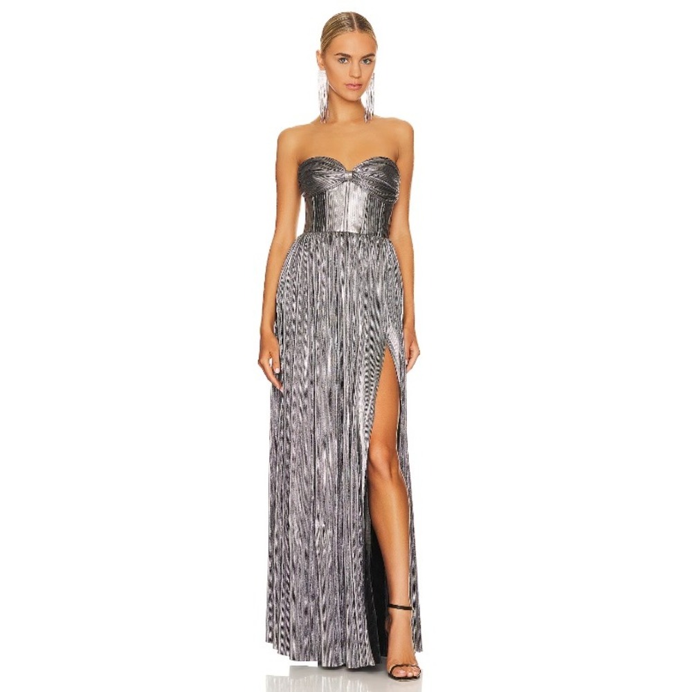 Bronx and Banco Florence Gown Maxi Dress Womens 8 Silver Metallic Strapless NWT